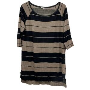 Oysho Size L Linen Pullover Top Striped 3/4 Sleeve Tan Black Knit Blouse